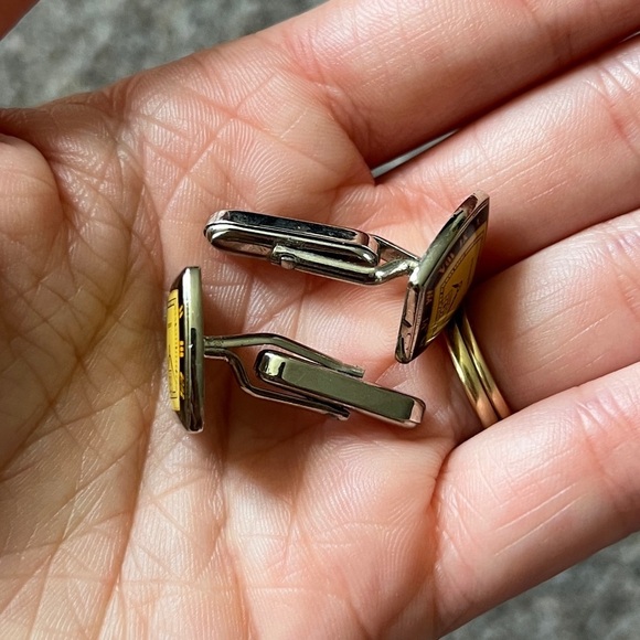 Vintage Duchamp London Watch Design Cufflinks Yellow Black Mens Holiday Gift - Picture 2 of 3